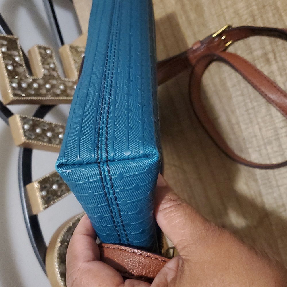Fossil Fiona Teal Turquoise Woven Canvas Crossbody Purse Bag - Picture 11 of 14